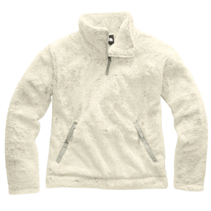 Cream-colored fleece pullover jacket with a quarter-zip design and front pockets.
