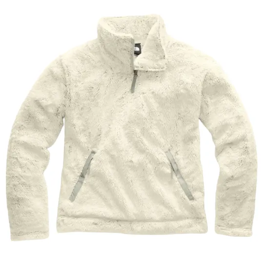Cream-colored fleece pullover jacket with a quarter-zip design and front pockets.