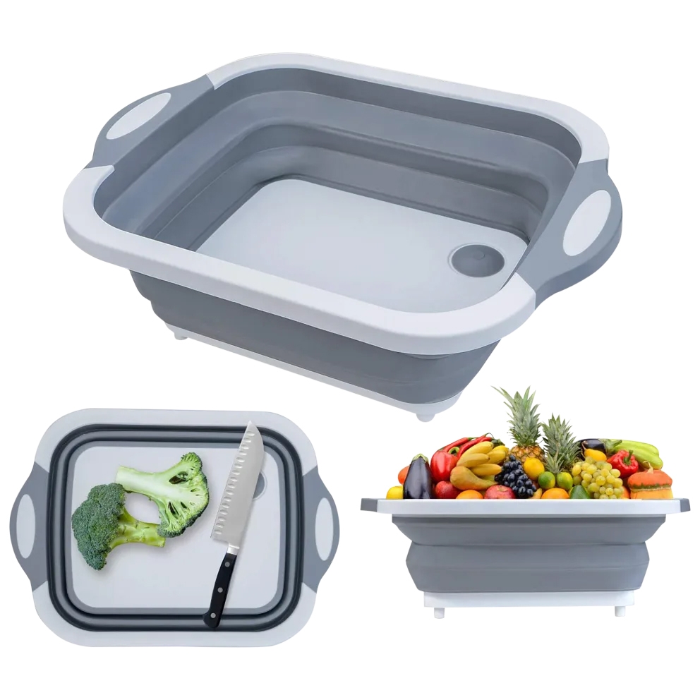 Collapsible cutting board with a drainage hole, also functions as a wash basin and storage for fruits and vegetables. Includes a knife and features a white and gray design.