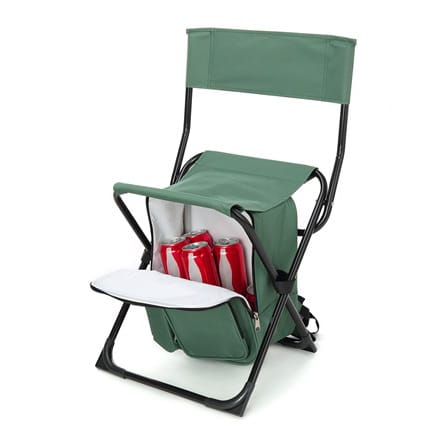 Green folding chair with attached cooler compartment holding several soda cans.