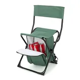 Green folding chair with attached cooler compartment holding several soda cans.