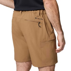 Tan Columbia men's shorts with an elastic waistband, multiple pockets, and logo branding on the back.