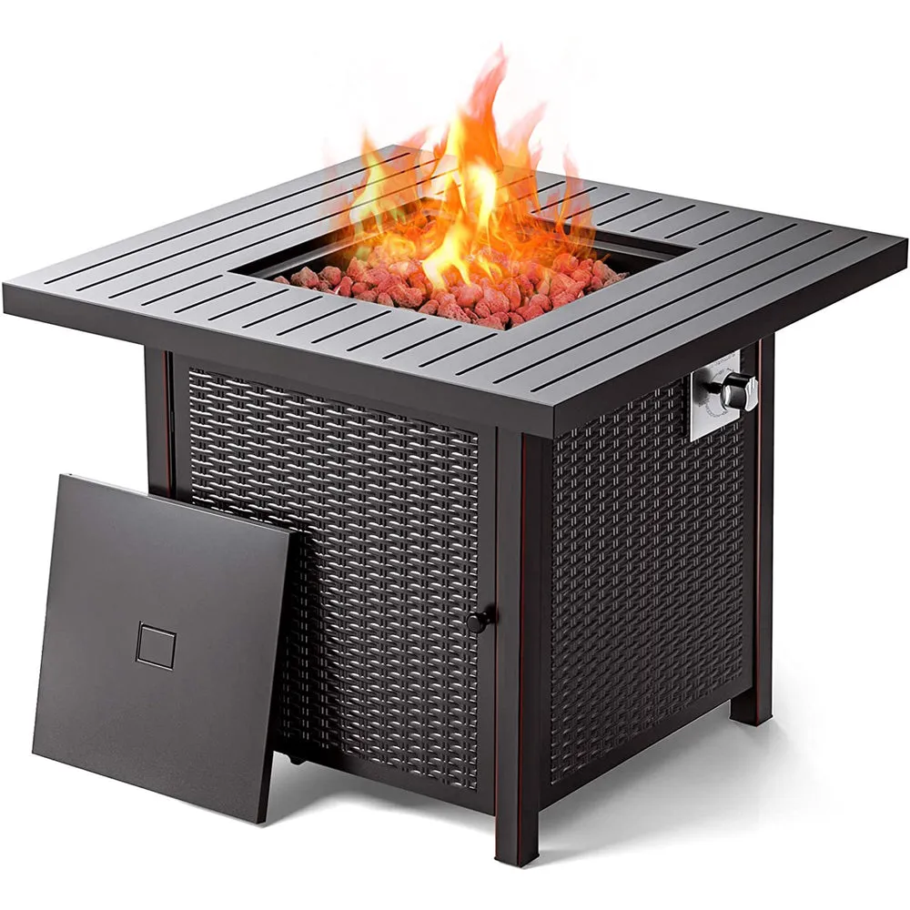 Square gas fire pit with flames on lava rocks and a wicker-style base.
