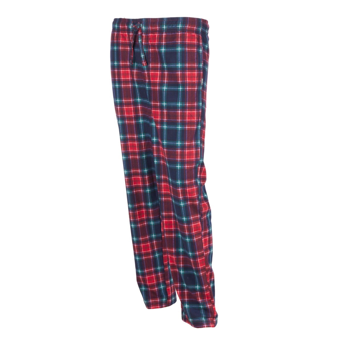 Two pairs of plaid fleece pants, one in red and black check and the other in blue and green check, with drawstring waists.