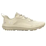 Under Armour athletic shoe in a beige color with a textured sole, featuring a logo on the side and on the back heel tab.