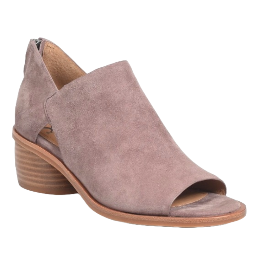 Sofft Carleigh Peep-Toe Sandals feature a soft taupe suede upper, an open-toe design, a stacked low heel, and a back zipper closure for easy wear.