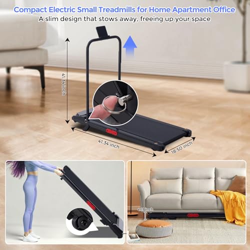 Compact electric treadmill for home, office, or apartment use, featuring a slim design that stows away easily. Dimensions: 41.3 x 18.5 inches, height 41.3 inches.