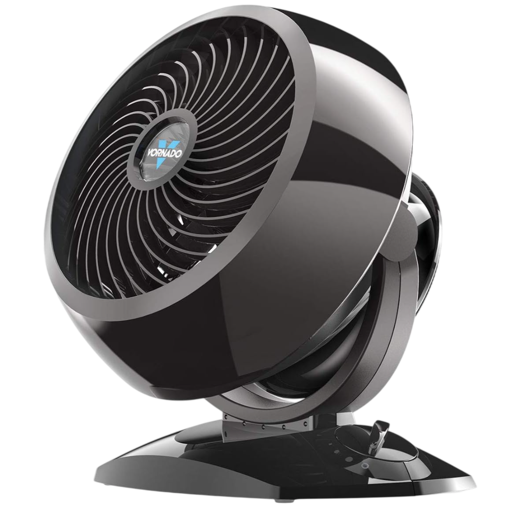 A Vornado air circulator fan with a sleek black design and adjustable controls, featuring a spiral grill for optimized airflow.