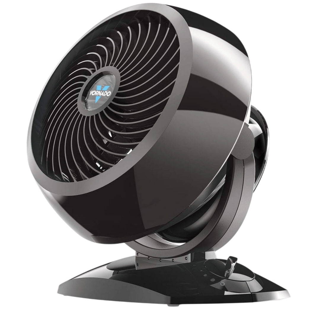 A Vornado air circulator fan with a sleek black design and adjustable controls, featuring a spiral grill for optimized airflow.