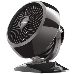 A Vornado air circulator fan with a sleek black design and adjustable controls, featuring a spiral grill for optimized airflow.