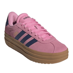 Pink Adidas sneaker with dark blue stripes and a gum sole.