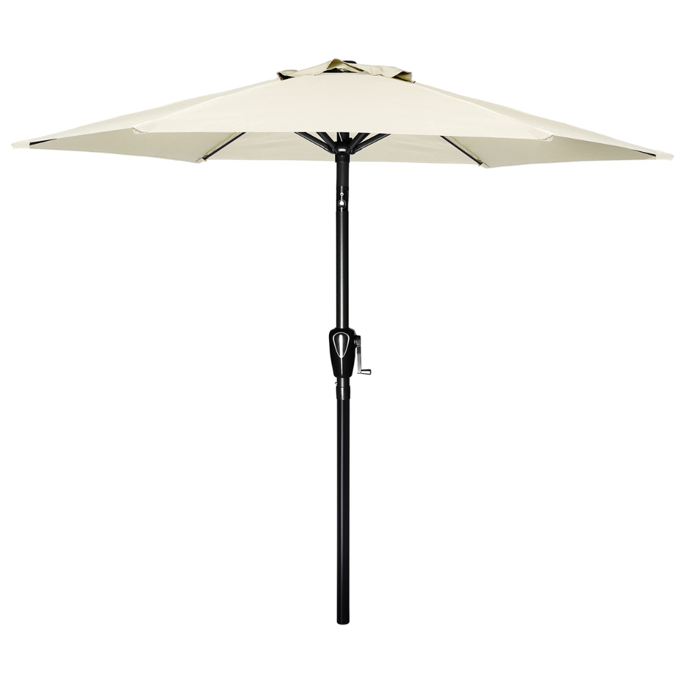 A beige patio umbrella with a black pole and crank handle for easy opening and closing.