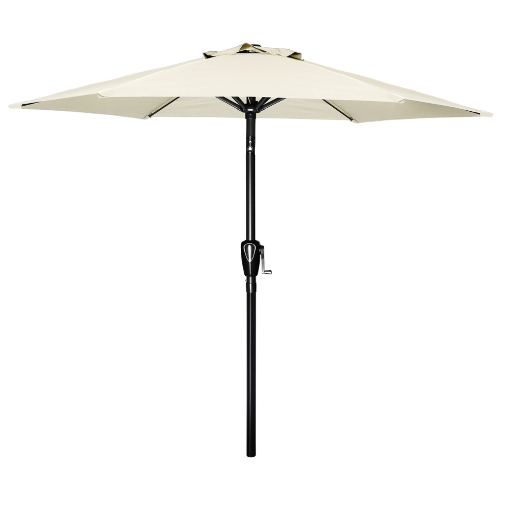 A beige patio umbrella with a black pole and crank handle for easy opening and closing.