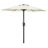 A beige patio umbrella with a black pole and crank handle for easy opening and closing.