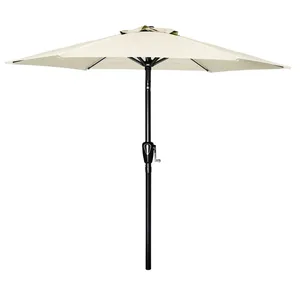 A beige patio umbrella with a black pole and crank handle for easy opening and closing.