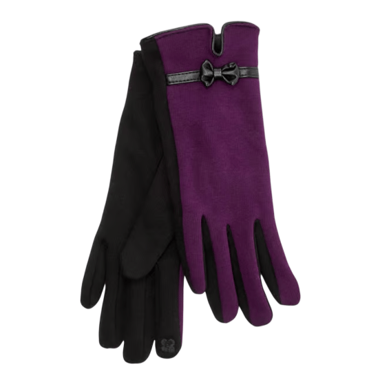 A pair of gloves, one purple with a black bow and trim, and the other black.