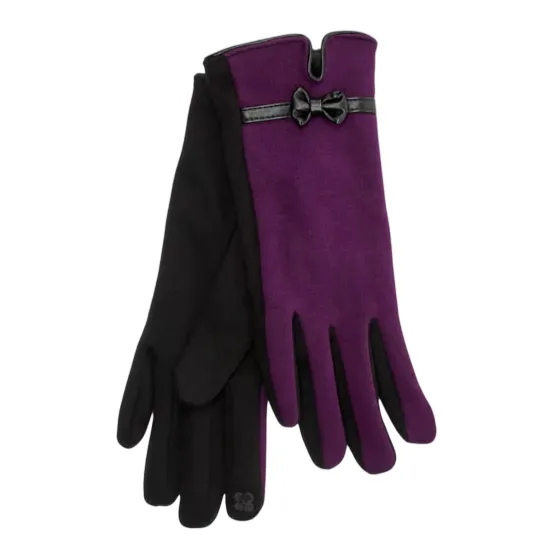A pair of gloves, one purple with a black bow and trim, and the other black.