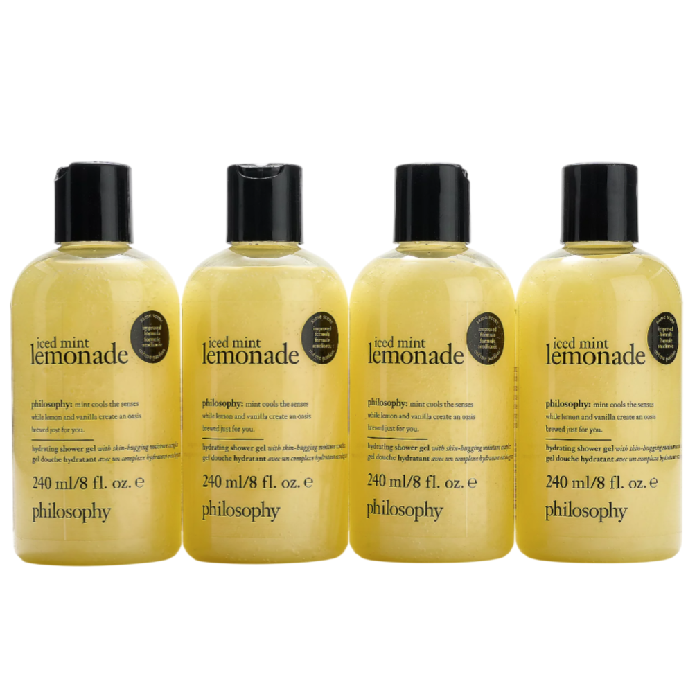Four bottles of Philosophy \“Iced Mint Lemonade\“ hydrating shower gel, each 240 ml (8 fl. oz.), with labels highlighting a mint, lemon, and vanilla scent.