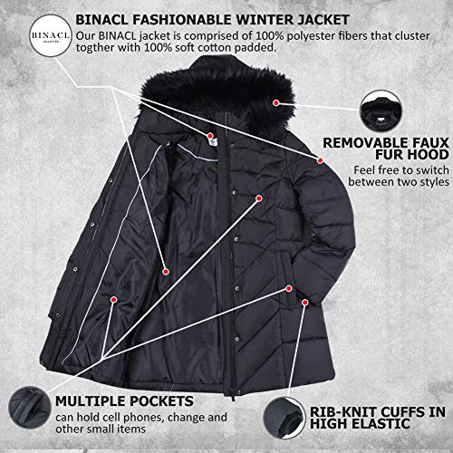 BINACL fashionable winter jacket features 100% polyester with a removable faux fur hood, multiple pockets, and rib-knit cuffs.