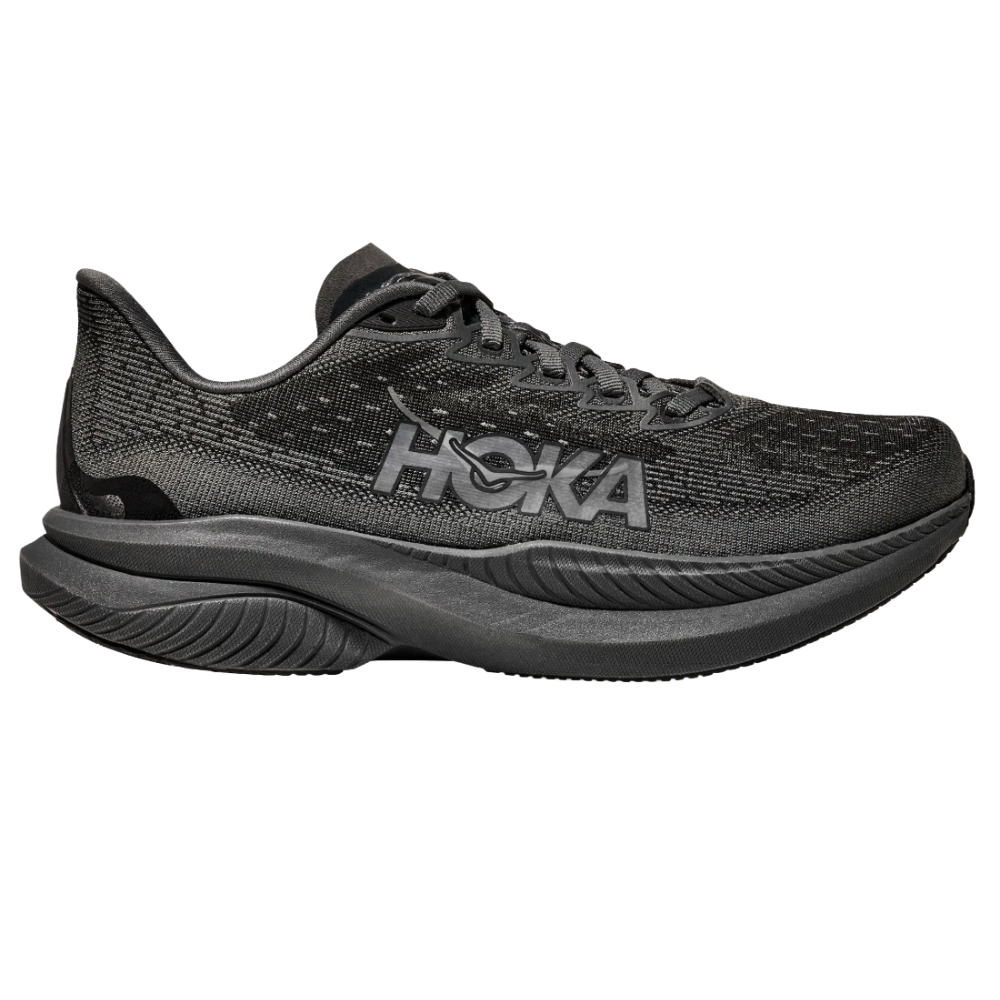 A black Hoka running shoe with a thick, cushioned sole and the brand logo on the side.