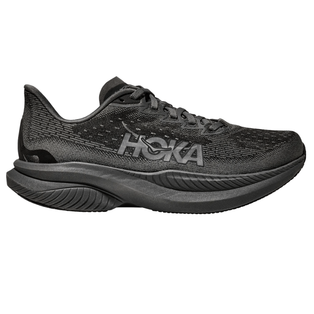 A black Hoka running shoe with a thick, cushioned sole and the brand logo on the side.