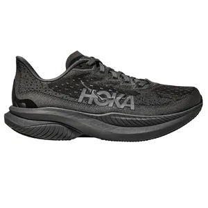 A black Hoka running shoe with a thick, cushioned sole and the brand logo on the side.