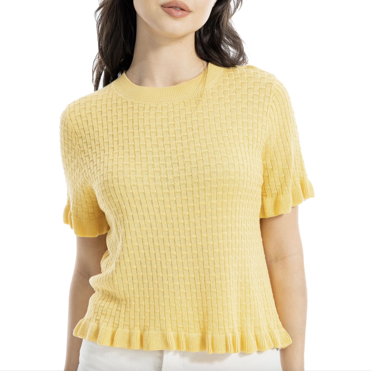 Yellow short-sleeve sweater with a textured pattern, featuring ruffle trim at the sleeves and hem, and a crew neckline.