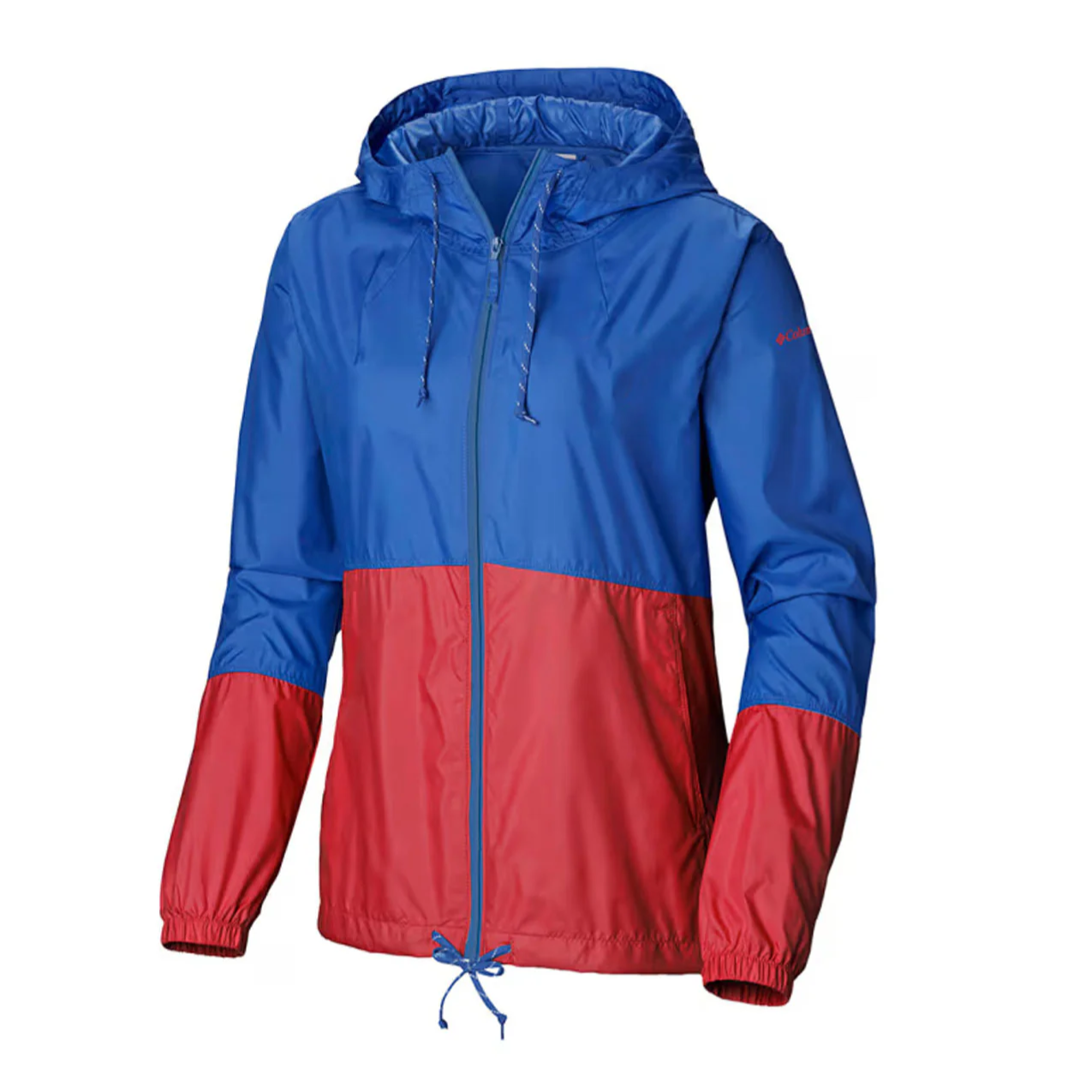 A blue and red hooded windbreaker jacket with a zip front, drawstrings at the hood and hem, and elastic cuffs.