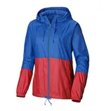 A blue and red hooded windbreaker jacket with a zip front, drawstrings at the hood and hem, and elastic cuffs.