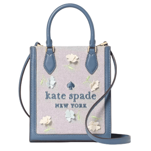 Kate Spade Ellie Applique Mini Tote features blue leather accents with floral appliques on a mesh background, dual handles, and a removable shoulder strap. The bag includes a \“kate spade NEW YORK\“ logo on the front.