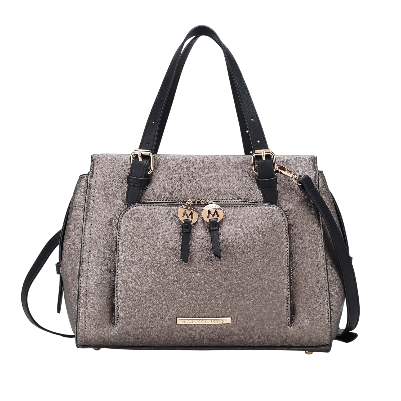 A stylish gray handbag with black handles and a detachable strap, featuring a front pocket adorned with two circular charms and gold-tone accents.