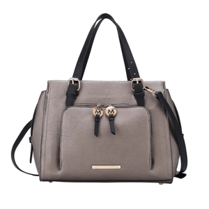 A stylish gray handbag with black handles and a detachable strap, featuring a front pocket adorned with two circular charms and gold-tone accents.