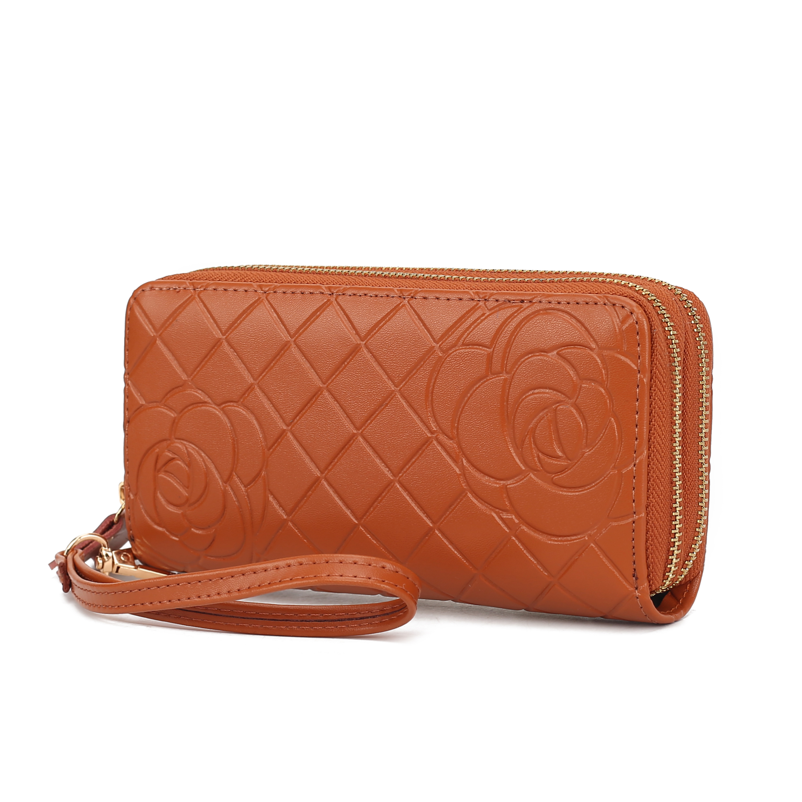 Tan faux-leather wallet with embossed floral and quilted pattern, featuring a zip-around closure and a wrist strap for easy carrying.