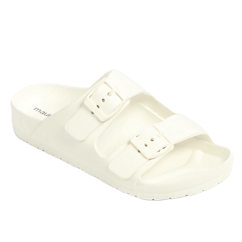 Cream-colored slide sandal with two adjustable buckle straps, featuring a contoured footbed and a simple, casual design.