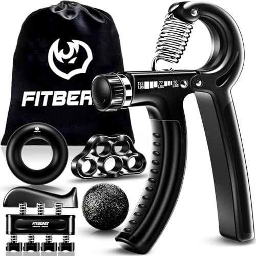 Hand grip strengthener set including an adjustable grip trainer, finger exerciser, grip ring, stress relief ball, and carrying bag.