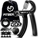 Hand grip strengthener set including an adjustable grip trainer, finger exerciser, grip ring, stress relief ball, and carrying bag.