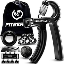 Hand grip strengthener set including an adjustable grip trainer, finger exerciser, grip ring, stress relief ball, and carrying bag.