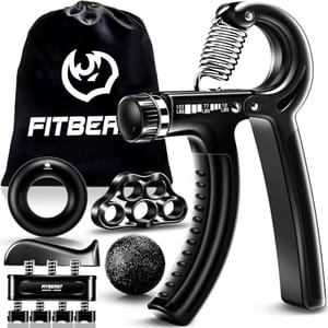 Hand grip strengthener set including an adjustable grip trainer, finger exerciser, grip ring, stress relief ball, and carrying bag.
