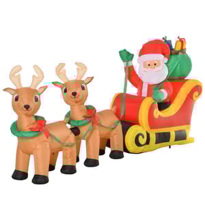 An inflatable display featuring an 8-foot Santa Claus in a red sleigh with a green sack of gifts, pulled by two brown reindeer with green wreaths and red bows around their necks.