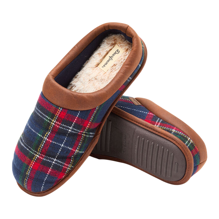 Cozy plaid slippers with a brown trim and faux fur lining, featuring a durable rubber sole for indoor and light outdoor use.