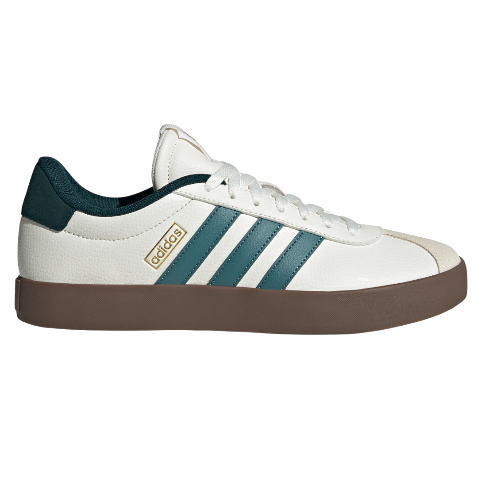 Adidas sneaker in white with green stripes, a brown sole, and a subtle gold logo on the side.