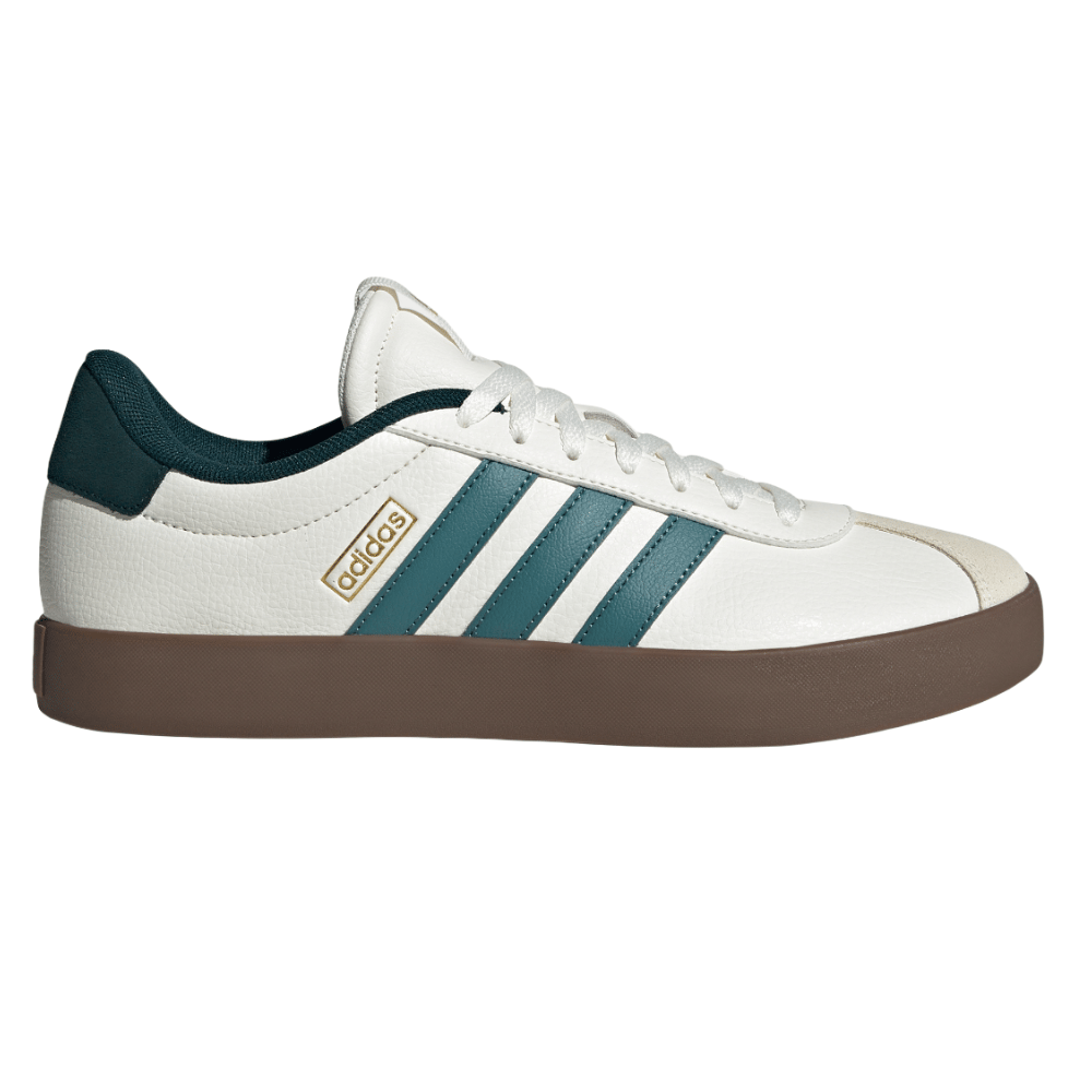 Adidas sneaker in white with green stripes, a brown sole, and a subtle gold logo on the side.