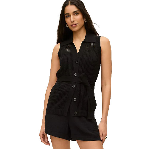 Sleeveless black knit button-up vest with a collar and matching belt, paired with black shorts.