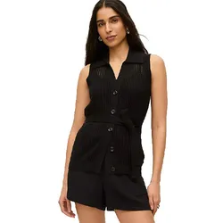 Sleeveless black knit button-up vest with a collar and matching belt, paired with black shorts.