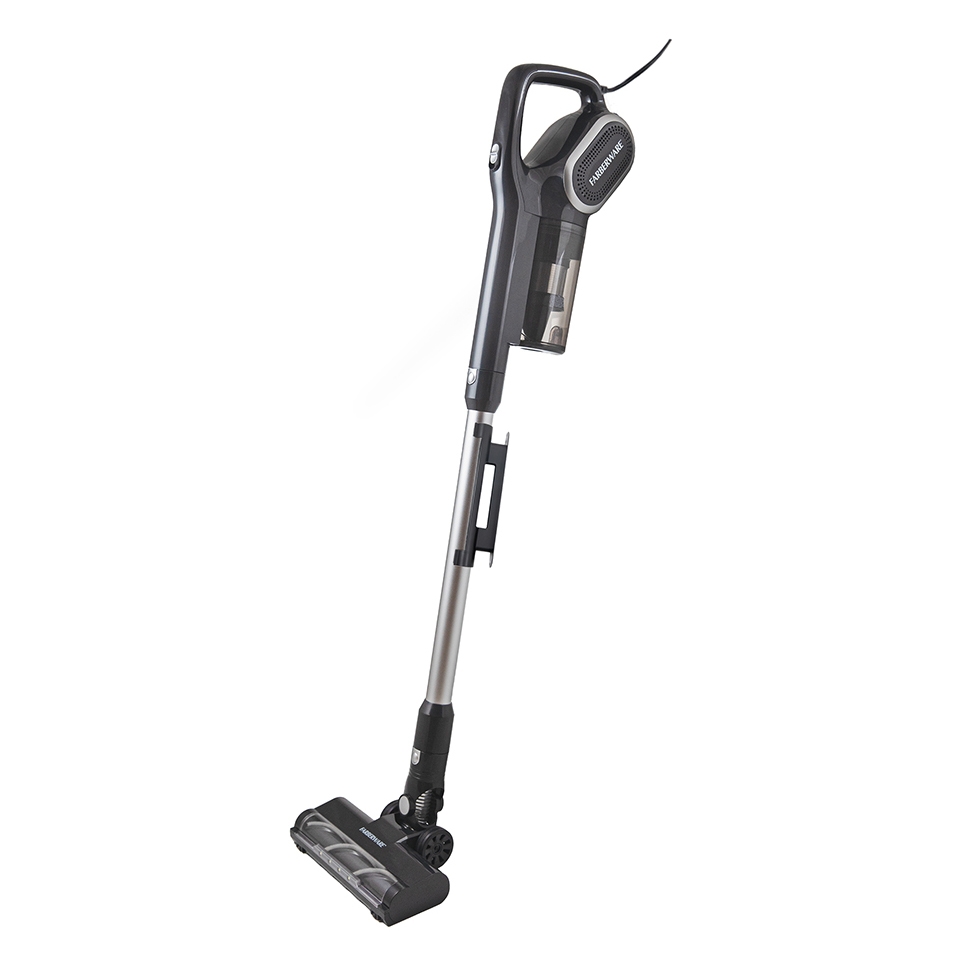A black-and-silver Farberware Corded Stick Vacuum with a handle, sleek design, and visible dustbin, featuring a powered floor head and compact frame for easy maneuvering.