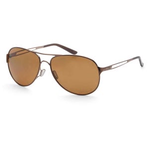 Oakley Caveat Sunglasses feature a sleek aviator design with bronze-tinted lenses and a thin metallic frame. The nose pads and ear pieces ensure comfort and a secure fit.