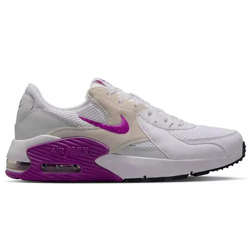 White and purple Nike Air Max shoe with a visible air unit in the heel and a prominent swoosh logo on the side.