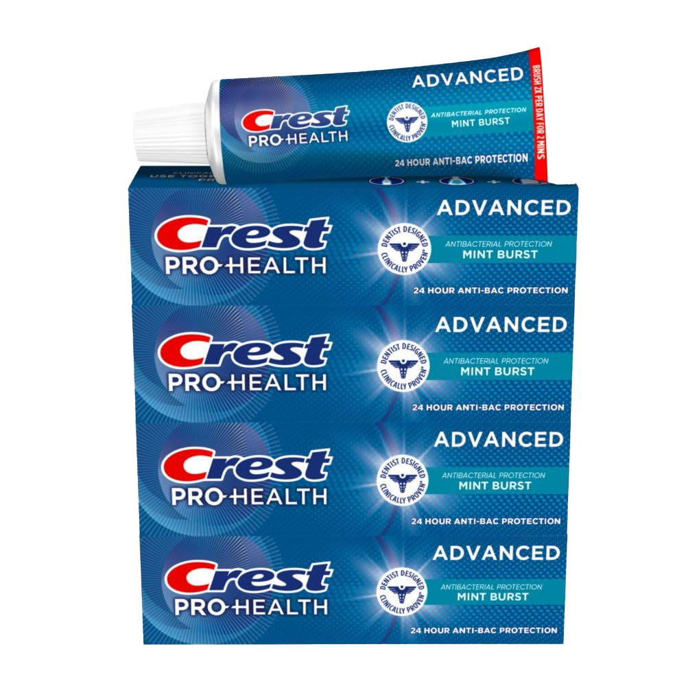 Crest Pro-Health Advanced toothpaste with antibacterial protection and Mint Burst flavor, offering 24-hour anti-bacterial protection.