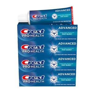 Crest Pro-Health Advanced toothpaste with antibacterial protection and Mint Burst flavor, offering 24-hour anti-bacterial protection.