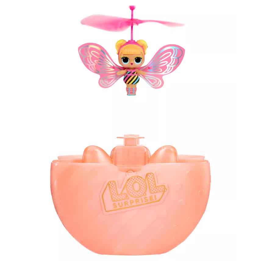 The LOL Surprise! Magic Flyers Flutter Doll features a doll with colorful wings and a rotor for flying, along with a peach-colored base for launching.